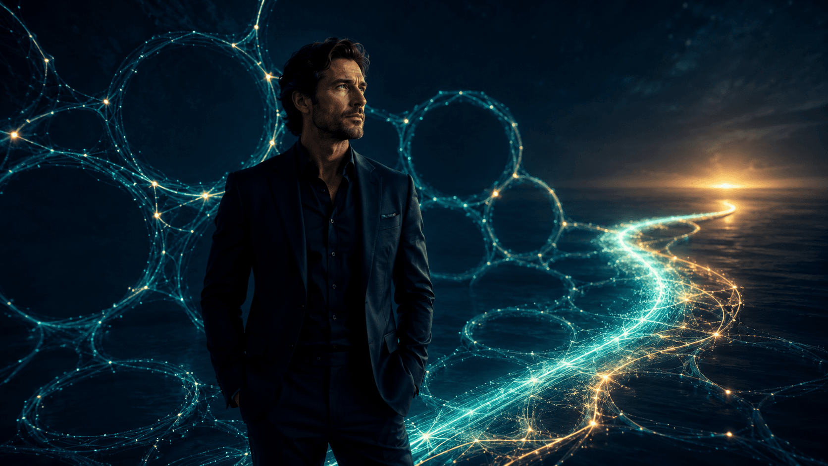High-performing professional surrounded by glowing neural pathways forming repeating loops, with one path breaking free in turquoise and gold, symbolizing subconscious pattern transformation.